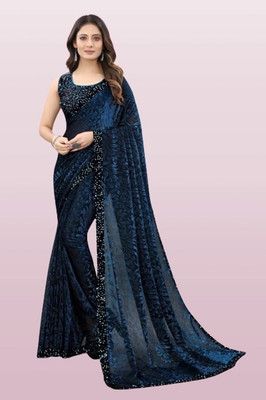online bazaarr Floral Print Bollywood Lycra Blend Saree(Blue)