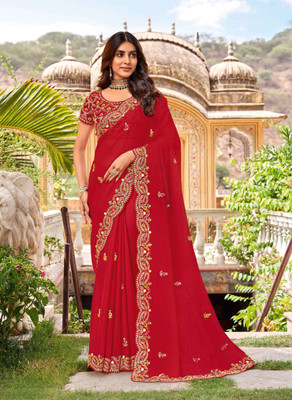 Laxmipati sarees Embroidered Saree with Attached Blouse Chiffon Saree(Red)