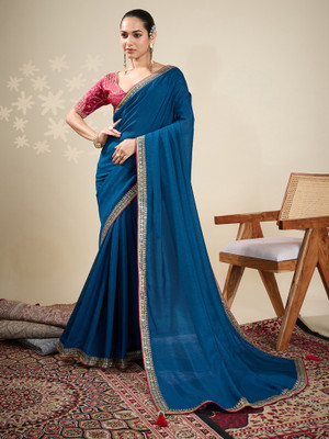 Sareemall Embroidered Bollywood Silk Blend Saree(Blue)