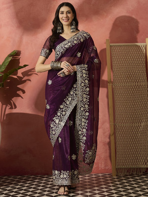 Sangria Embroidered Saree with Attached Blouse Net Saree(Purple)