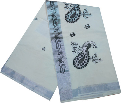 EverGreenNest Woven, Solid/Plain, Self Design, Striped Kasavu Cotton Blend Saree(White, Silver)