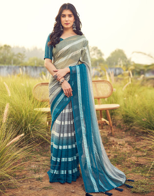 Satrani Embroidered, Woven, Striped Bollywood Georgette Saree(Blue, Grey, Green)