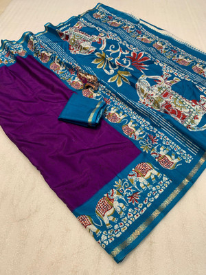 2SD gratitude Printed Kalamkari Cotton Linen, Dupion Silk Saree(Purple)