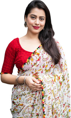 Aadimam Creation Printed Bollywood Art Silk Saree(White, Red, Multicolor)