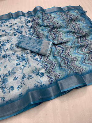 2SD gratitude Solid/Plain, Self Design, Digital Print, Printed Daily Wear Linen, Cotton Linen Saree(Light Blue)