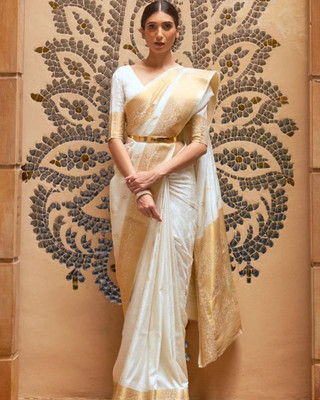 Lotshot Bazar Woven Banarasi Silk Blend Saree(White)