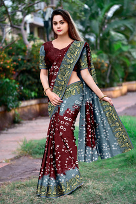 Dharmata Enterprise Woven Bandhani Art Silk Saree(Maroon)