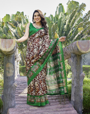 YASHIKA Printed Daily Wear Art Silk Saree(Brown)