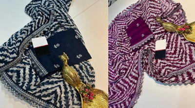 VedikaaFashion Geometric Print, Striped, Embellished Bollywood Georgette Saree(Pack of 2, Blue, Magenta)