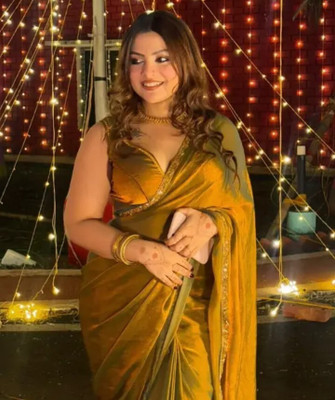 Gajal Solid/Plain Saree with Attached Blouse Chiffon Saree(Yellow)