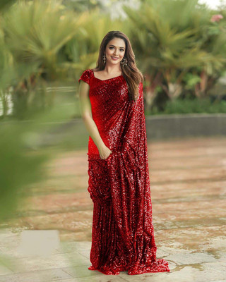 HouseOfCommon Embroidered Bollywood Georgette Saree(Red)