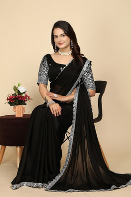 SHIV FASHION Embroidered, Solid/Plain Bollywood Chiffon Saree(Black)