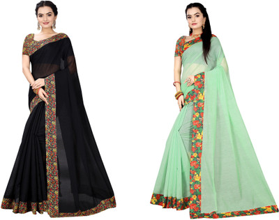 manish Printed Chanderi Cotton Blend Saree(Pack of 2, Black, Light Green)