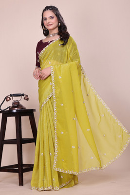 saanvi Solid/Plain, Embroidered Bollywood Chiffon Saree(Mustard)