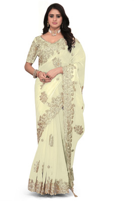 Brahmani Creation Embroidered Kanjivaram Silk Blend Saree(White)