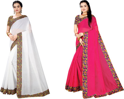 manish Solid/Plain Chanderi Cotton Blend Saree(Pack of 2, Magenta, White)