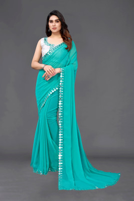 SARETRA MALL Embellished Bollywood Georgette Saree(Light Blue)