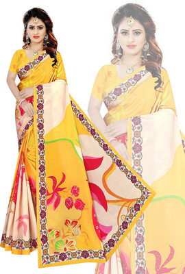 Jyoti Fashion Floral Print, Printed Daily Wear Crepe Saree(Yellow)