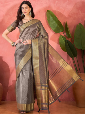 ShopGlobal Woven Banarasi Khadi Saree(Grey)