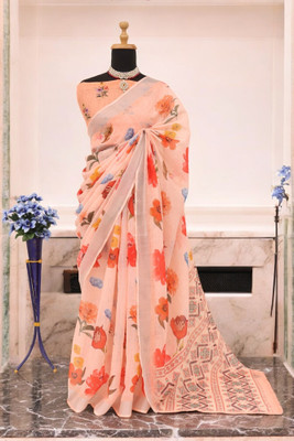 HouseOfCommon Floral Print Bollywood Linen Saree(Multicolor)