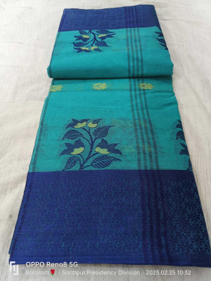 Balika bodhu Self Design Tant Pure Cotton Saree(Mustard, Blue)