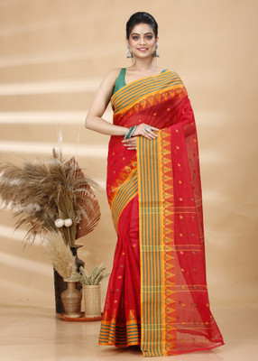 DipDiya Printed Tant Pure Cotton Saree(Red)