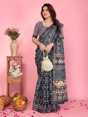 Soor Panchi Printed Bollywood Cotton Silk Saree(Black)