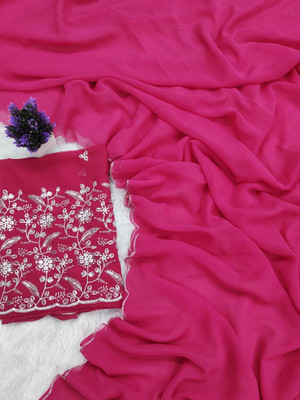STITCH N SOLUS Solid/Plain, Embroidered, Self Design Daily Wear Georgette, Chiffon Saree(Pink)