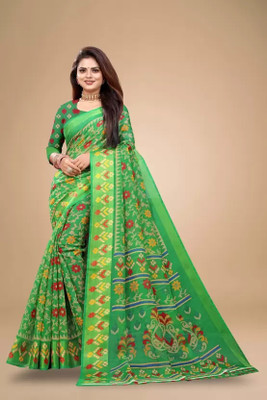 Suntex Digital Print Bandhani Cotton Silk Saree(Green)