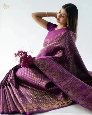 MIRMAN Striped Banarasi Pure Silk Saree(Purple)