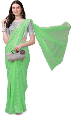 Prutha Fashions Printed, Temple Border, Striped, Solid/Plain Daily Wear Georgette, Chiffon Saree(Light Green)