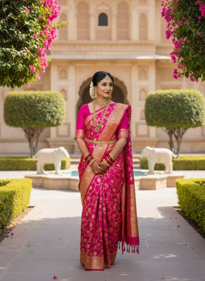 Shop Deals Floral Print, Woven, Embellished Banarasi Silk Blend Saree(Pink)