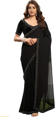 HIJA TRENDZ Solid/Plain Bollywood Georgette Saree(Black)