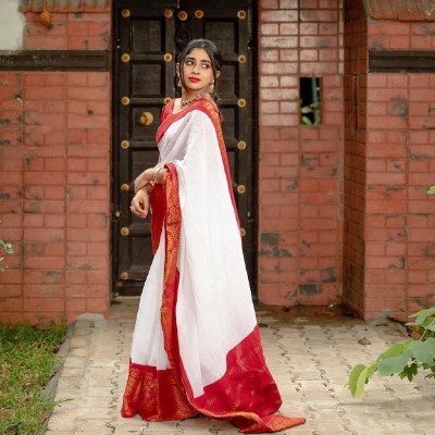 ESOMIC Striped Banarasi Pure Silk Saree(White)