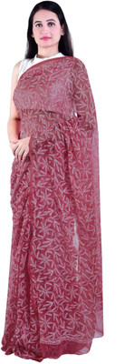 Sidra handicraft Embroidered Lucknow Chikankari Georgette Saree(Red)