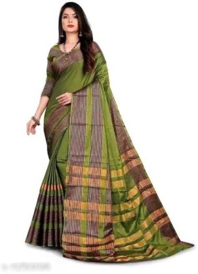 LDZONE Solid/Plain Banarasi Cotton Silk Saree(Dark Green)