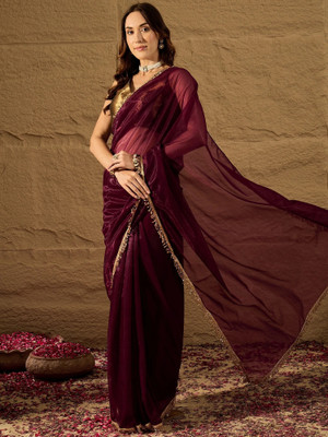 AVANSHEE Solid/Plain Bollywood Net Saree(Purple)