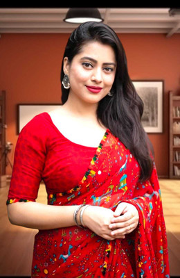 DAZLIO Printed Kalamkari Chiffon Saree(Red)