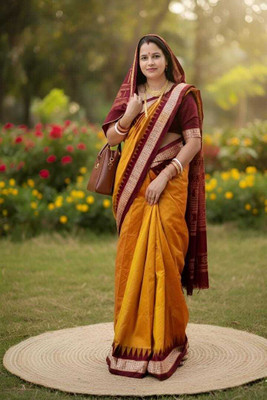 Tilfelle Woven, Temple Border Sambalpuri Silk Blend Saree(Mustard, Maroon)