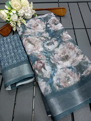 ASHTA Floral Print Kanjivaram Linen Saree(Grey)