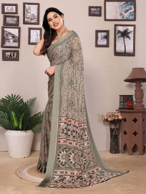 RAJESHWAR FASHION Floral Print Daily Wear Silk Blend Saree(Grey, Multicolor)