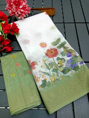 HouseOfCommon Printed Kanjivaram Chanderi, Cotton Silk Saree(White, Green)