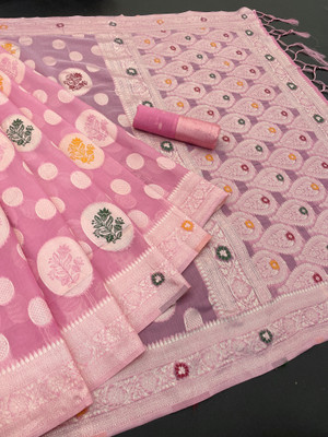 Clothestic Woven, Floral Print Kanjivaram Jacquard, Cotton Linen Saree(Pink)