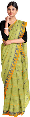 dreamy textiles hub Self Design Bollywood Handloom Cotton Blend Saree(Green)