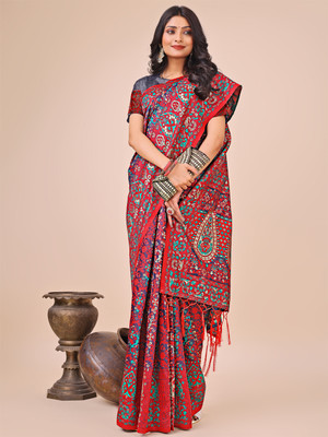 Tasrika Woven Kanjivaram Cotton Silk Saree(Dark Blue, Red)