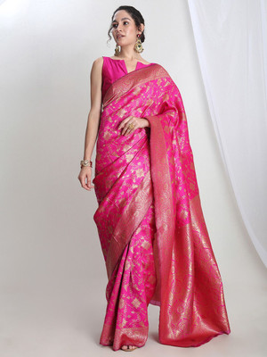 Janasya Woven Banarasi Silk Blend Saree(Pink)