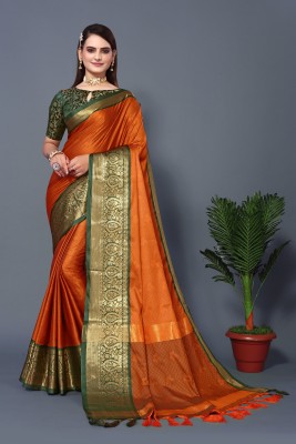 Wamsi Woven Banarasi Cotton Silk, Art Silk Saree(Orange, Green)