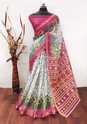 Saaransh Floral Print Kanjivaram Linen, Cotton Silk Saree(White)