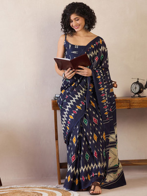 Anouk Rustic Printed Pre Draped Saree Cotton Blend Saree(Dark Blue)