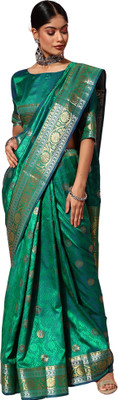 Akhilam Embroidered Banarasi Silk Blend Saree(Green)